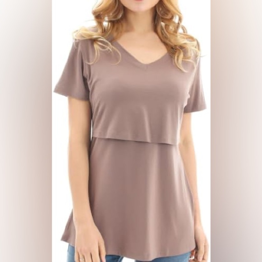 Women’s V-Neck Layered Short Sleeve Top - Taupe